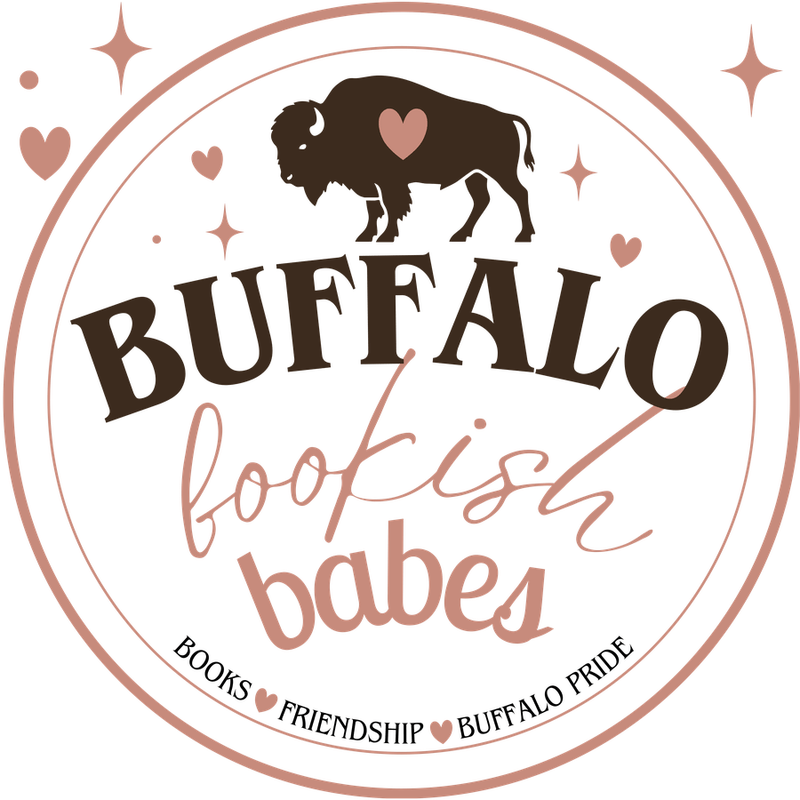 Buffalo Bookish Babes badge logo, buffalo with a heart, serif and script type, rose and brown palette
