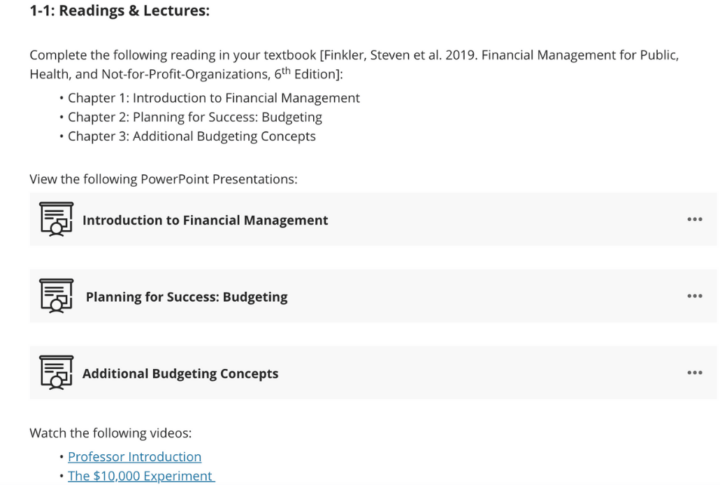 Populated Blackboard module with readings, lecture presentations, and video links for a healthcare finance course