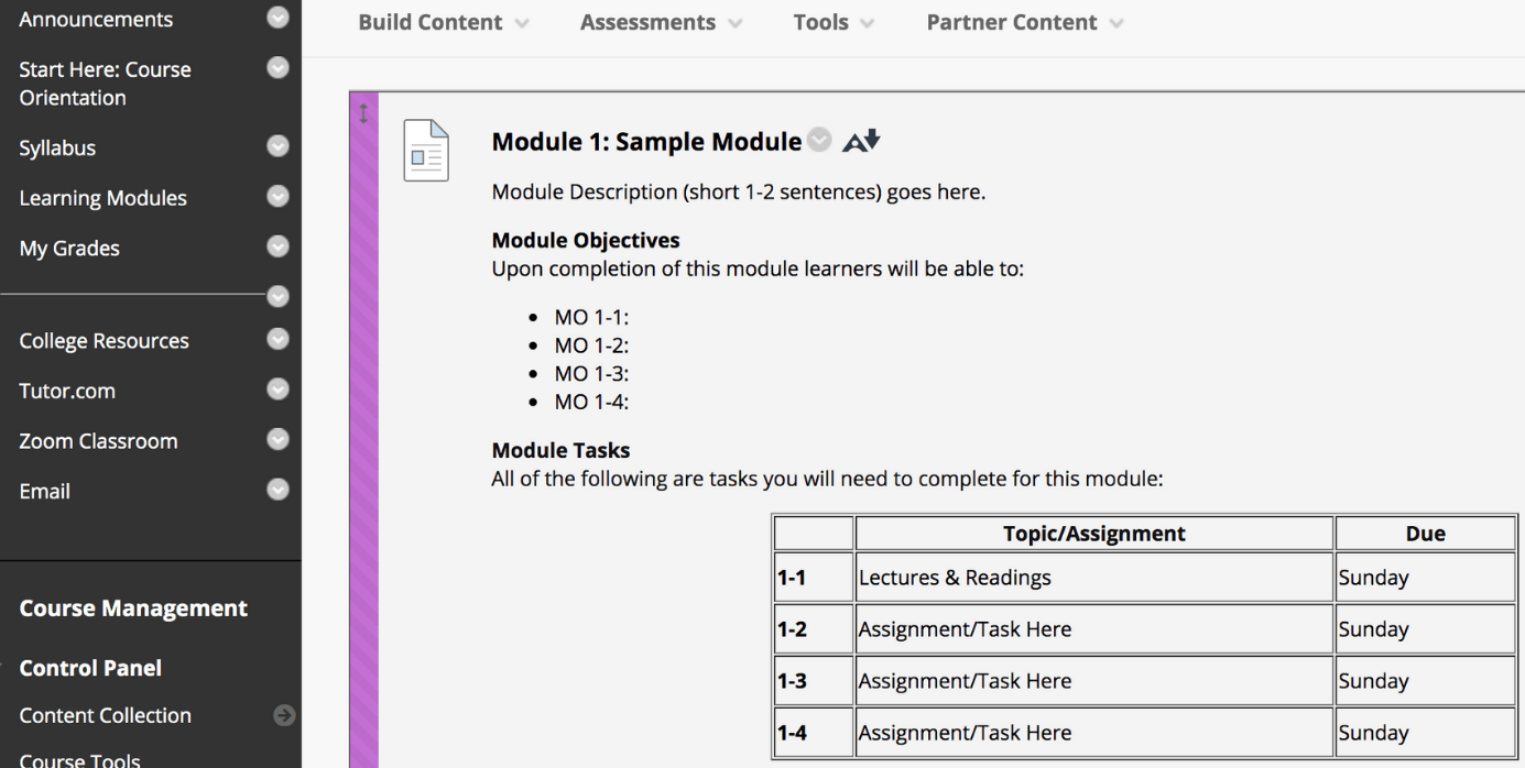 Blackboard sample module template with objectives structure and task table