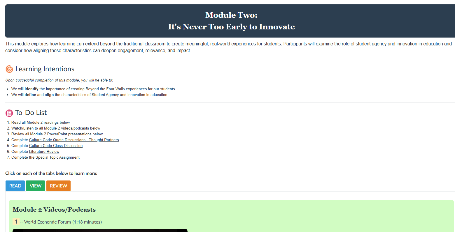 Canvas module page showing learning intentions, numbered to-do list, and tabbed READ/VIEW/REVIEW interface