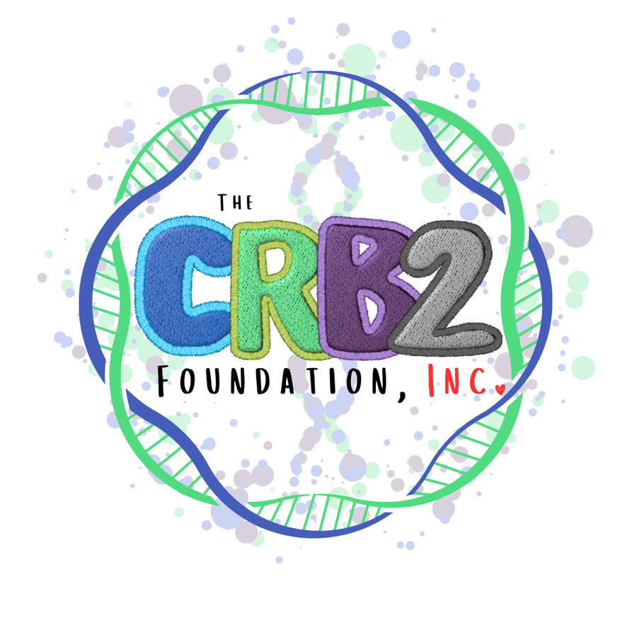 The CRB2 Foundation logo, embroidered-texture letters in a hand-drawn DNA motif ring