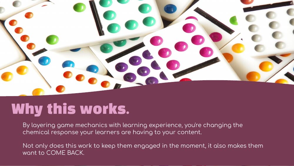 Slide from the Canvas Escape Room deck: 'Why this works' with colorful dominoes and gamification psychology text
